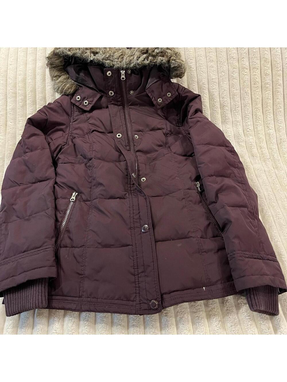 Ruff Hewn Dark Purple Puffer Jacket with Faux Fur Women’s Size Small